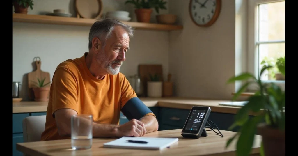 A man taking his own blood pressure.